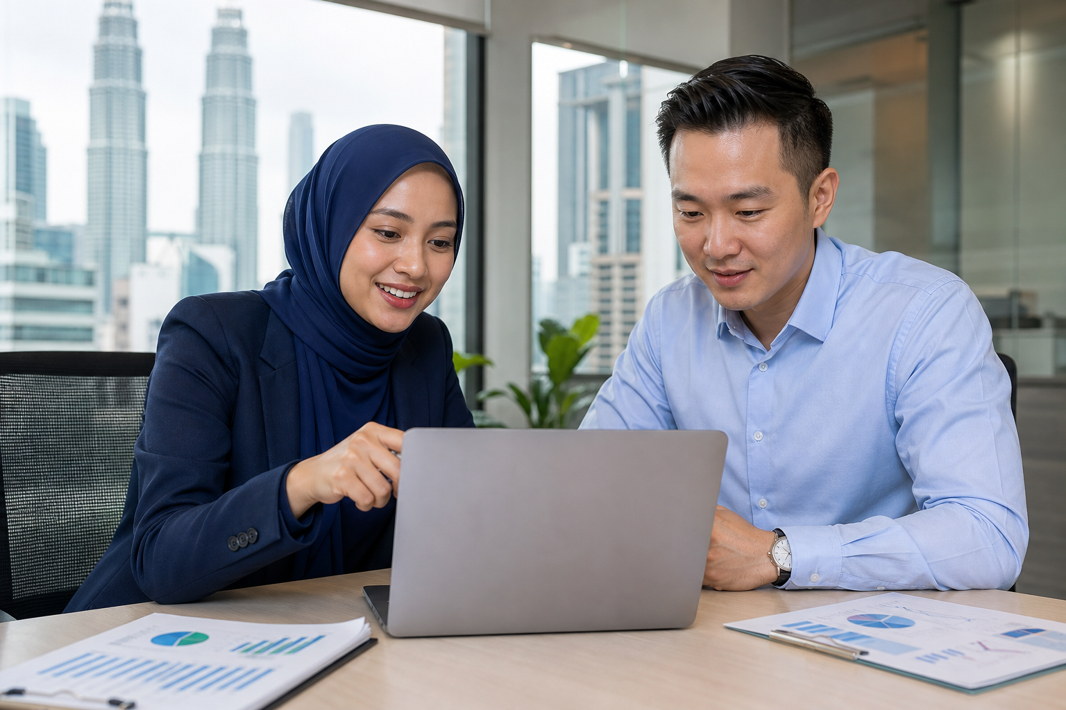 Malaysian and Chinese consultants reviewing digital systems and delivery plans together
